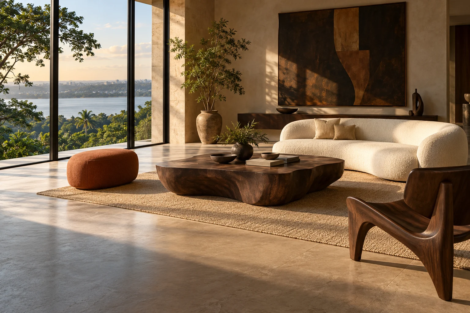 Intérieur imaginé EBURNEA, canapé ivoire et table sculpturale en bois face à la lagune